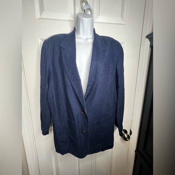 Vtg Liz Sport Women’s Small Navy Linen Cotton Blazer Suit Jacket S Classic - Picture 1 of 14